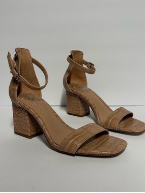 Vince Camuto Tan Croc-Embossed Block Heel Sandals